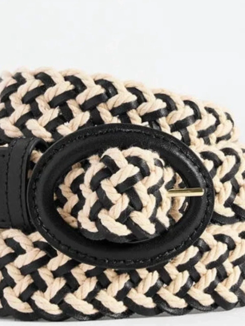 Braided Cream and Black Leather Women's Waist Belt with Oval Buckle